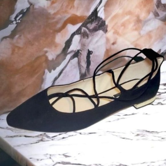 ZARA BASIC COLLECTION LADIES BLACK SUEDE WRAP FLATS W/GLITTER HEEL (NEW!) - Picture 4 of 13